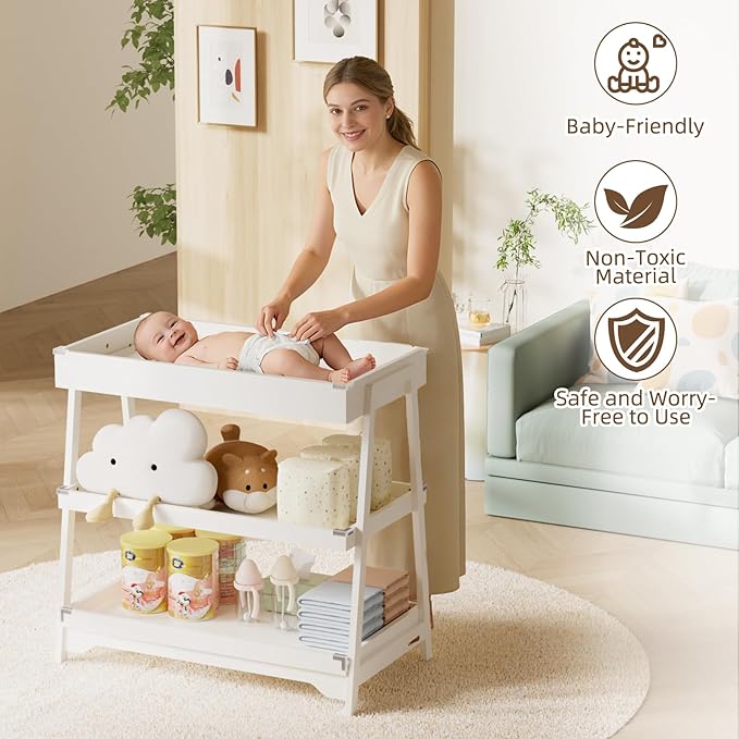 YUFU Baby Changing Table, Portable Diaper Changing Table with Changing Pad, Baby Diaper Changing Station with 2 Tier Storage Shelves for Newborn Baby and Infant, White