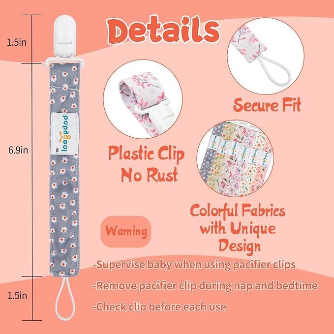 babygoal Floral Pacifier Clips, 6 Pack Binky Paci Holder Clips Leashes Fits Most Pacifiers and Binkies for Baby Girl & Boy Gift 6PS21