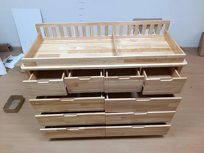 Homsee Baby Changing Table Dresser, 100% Solid Wood Infant Diaper Changing Station Combo, 10-Drawer Baby Nursery Dresser with Removable Tray for Children's Room Bedroom, Nature Color 55.1"W