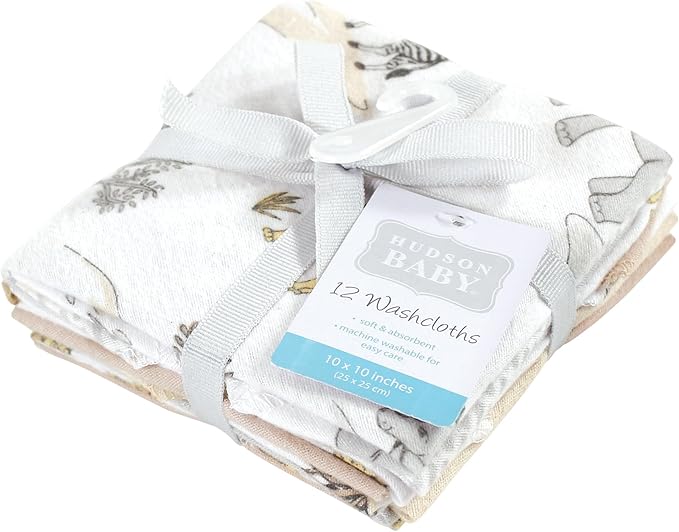 Hudson Baby Unisex Baby Flannel Cotton Washcloths 12-Pack, Neutral Safari World, One Size