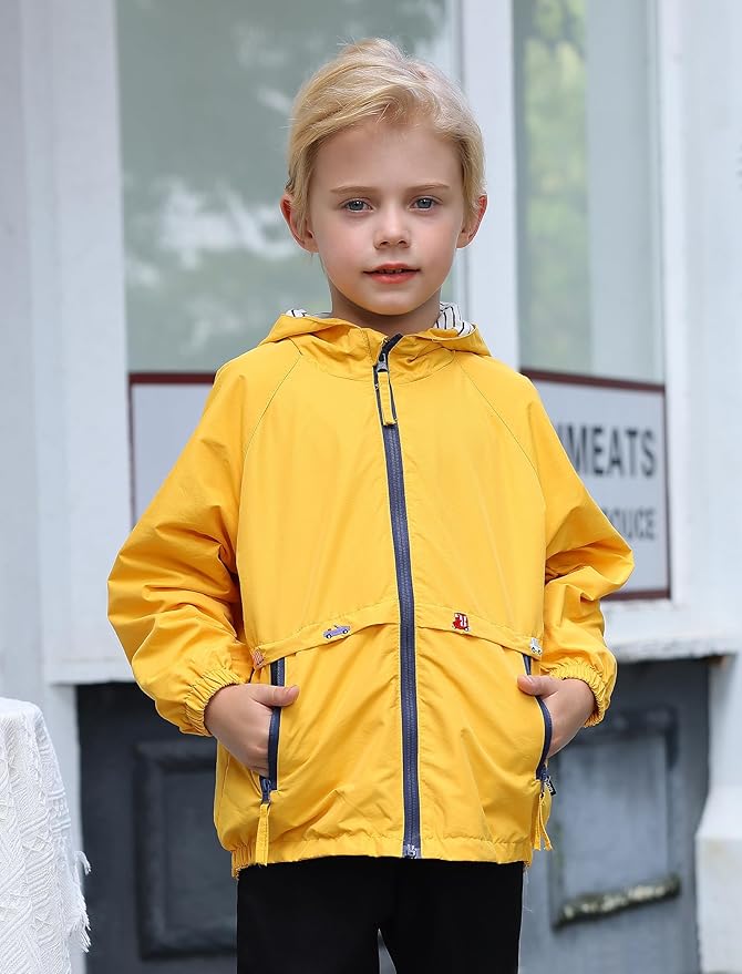 FYMNSI Kids Boys Lightweight Waterproof Hooded Jacket with Pockets Toddler Spring Fall Outfits Zip Up Thin Outwear Coats