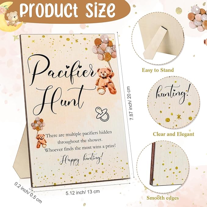 Roowest 51 Pcs Pacifier Hunt Baby Shower Game, Include Wooden Hunt Sign Bear Themed Baby Shower Sign Board with 50 Acrylic Pacifier Game for Gender Reveal Party (Brown)