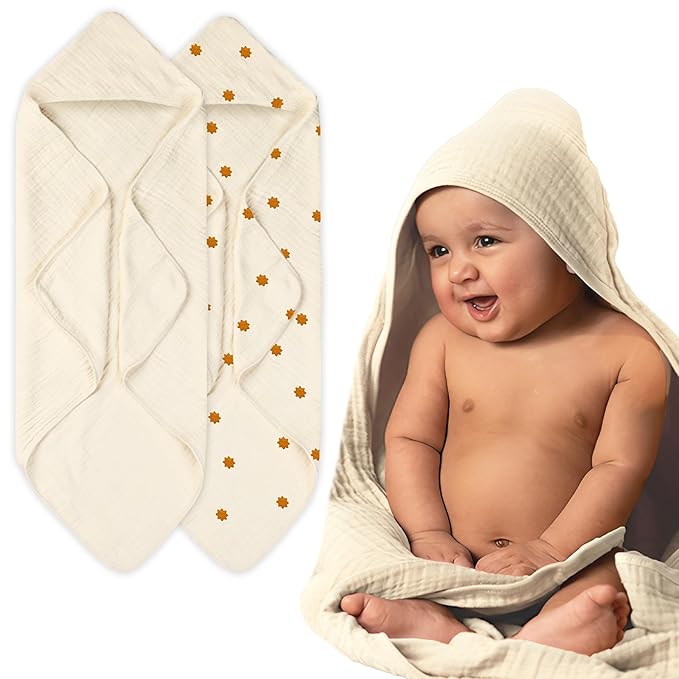 NINTARABABY Hands-Free Hooded Towel - 100% Organic Premium Muslin Cotton, 30" x 30", Ultra-Absorbent, Soft, Breathable, Hypoallergenic, Multipurpose, Gifts for Babies & Infants, Pack of 2