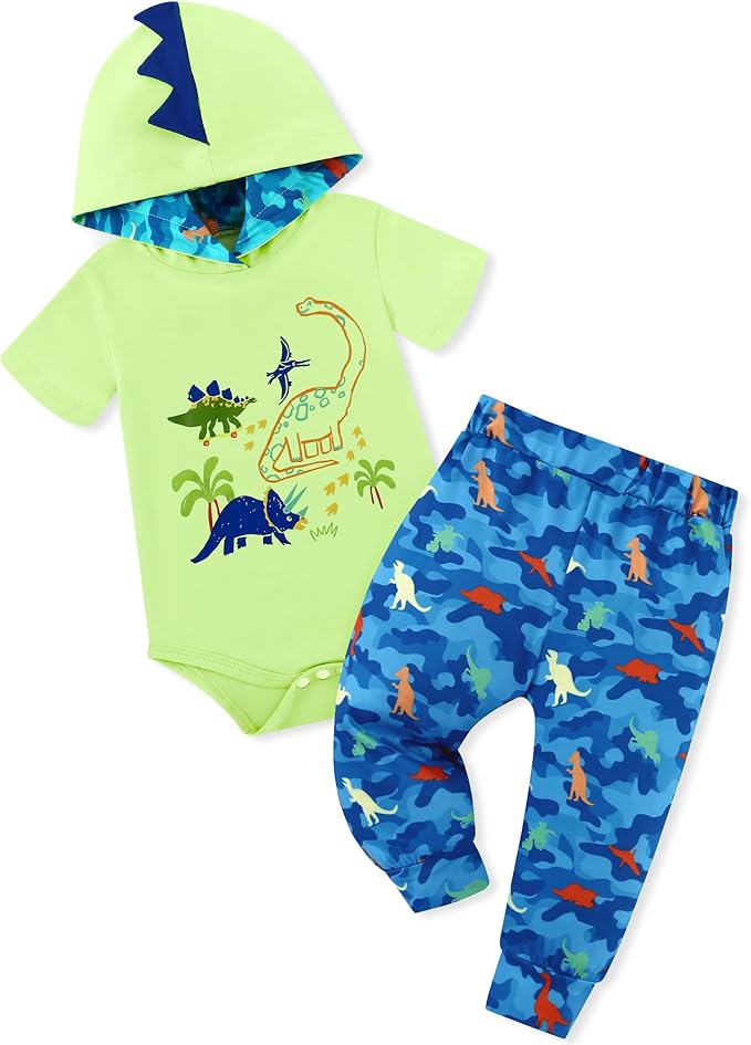 Newborn Boy Summer Outfits Animal Print Short Sleeve Romper with Hoodie & Pants Infant Clothing Set