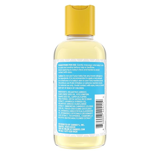 Zarbee's Baby Massage Oil, Calming and Soothing with Lavender and Chamomile to Help Sleep, 4oz Bottle