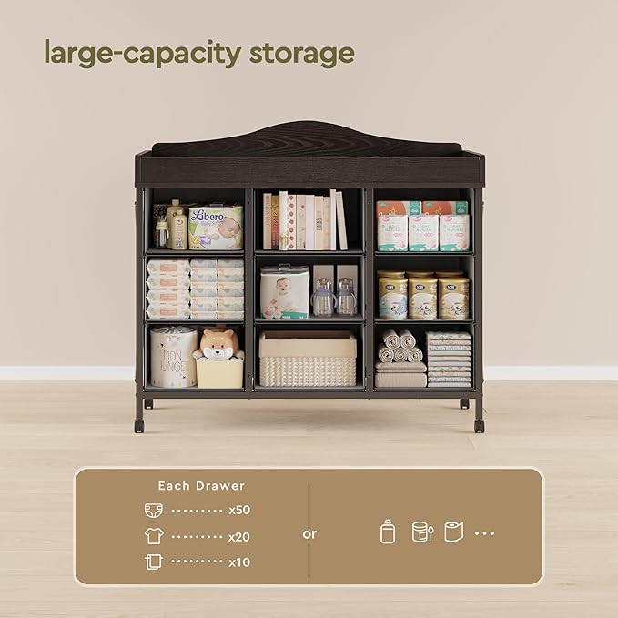 Baby Changing Table with 9 Fabric Drawers, Waterproof Diaper Changing Station & Pad, Mobile Nursery Diaper Changing Table, Baby Furniture, Bedroom, Black