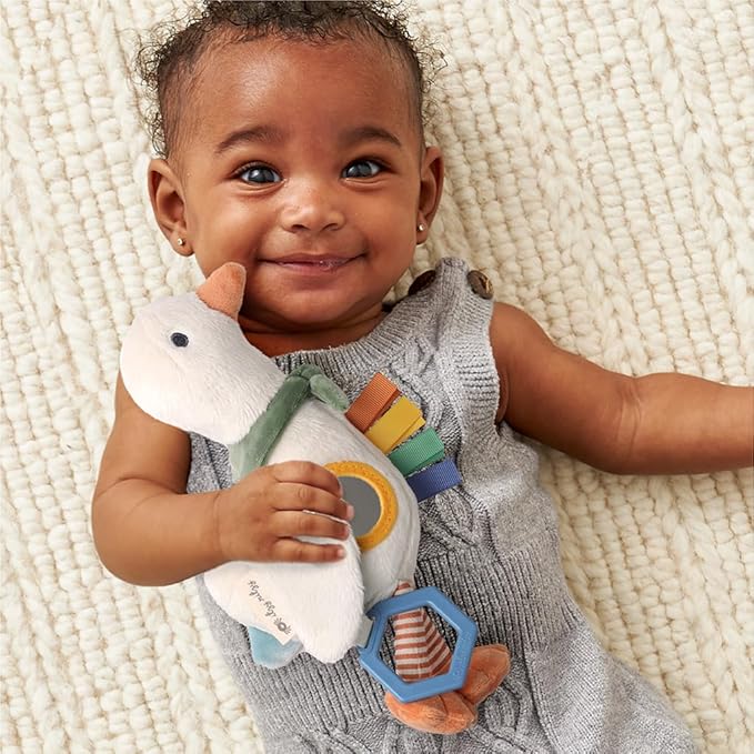 Itzy Ritzy Bitzy Traveler Car Seat & Stroller Toy for Babies – Developmental Sensory Toy Features Crinkle & Rattle Sounds & Multiple Textures – Hanging Travel Buddy for On-the-Go Entertainment (Goose)