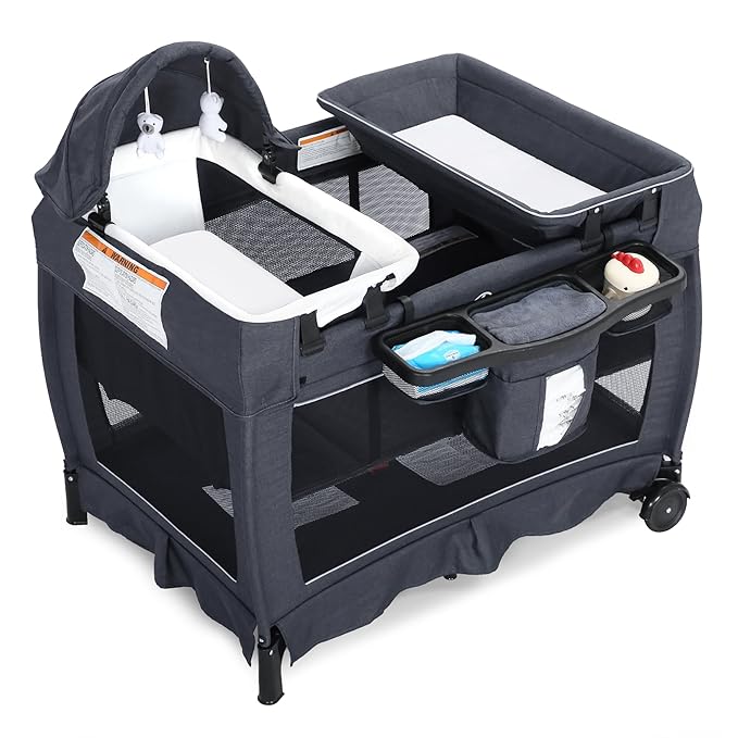 4 in 1 Multifunctional Pack and Play, Foldable Baby Playards with Changing Table & Breathable Mesh, Baby Playpen for Babies and Toddlers, Grey