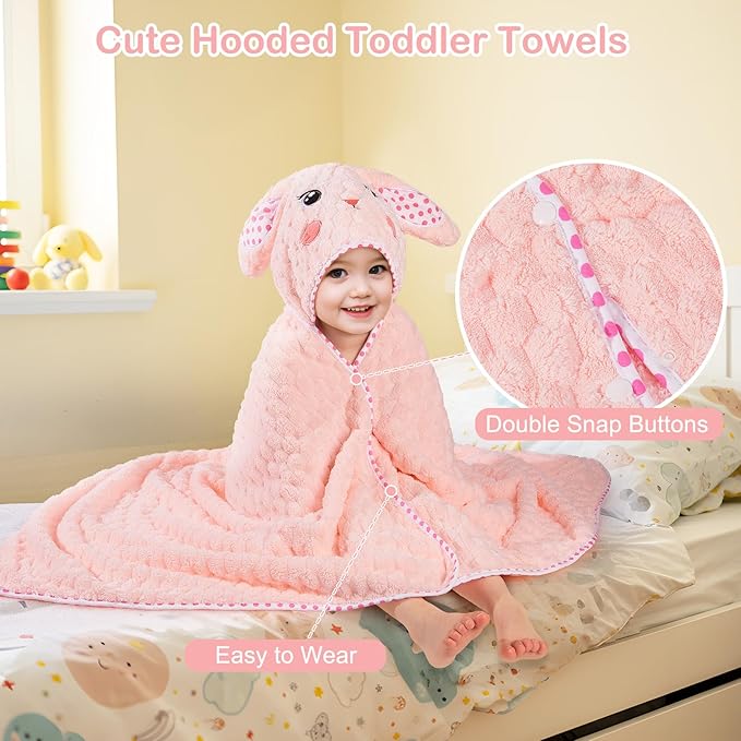 FIOBEE Toddler Bath Towel with Hood Baby Towels, 55x28 inch Large Soft Absorbent Kids Hooded Towels for 1-5 Years Old Baby Girls Boys Bath Beach Essentials Blanket, Pink Bunny