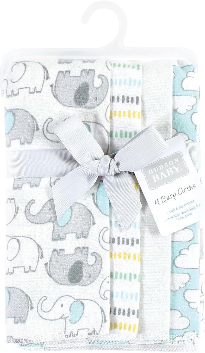 Hudson Baby Cotton Poly Flannel Burp Cloths Multipack, Neutral New Elephant 8-Pack, One Size