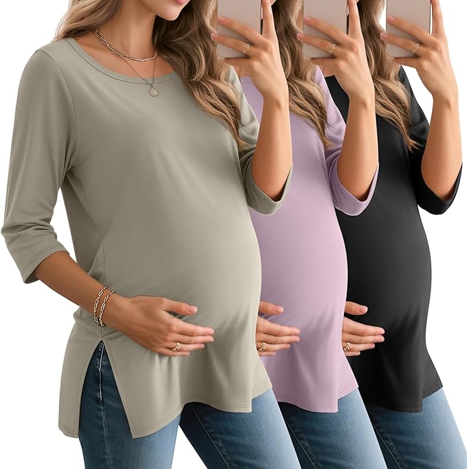 3 Pack Women's 3/4 Sleeve Maternity Shirts Elbow Length Clothes Round Neck Tunics Pregnancy Loose Side Split Tops