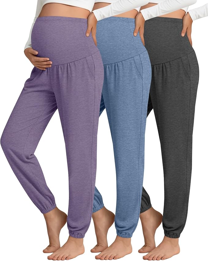 3 Pack Women's Maternity Pants Maternity Jogger Sweatpants Over The Belly Stretchy Pregnancy Pants with Pockets