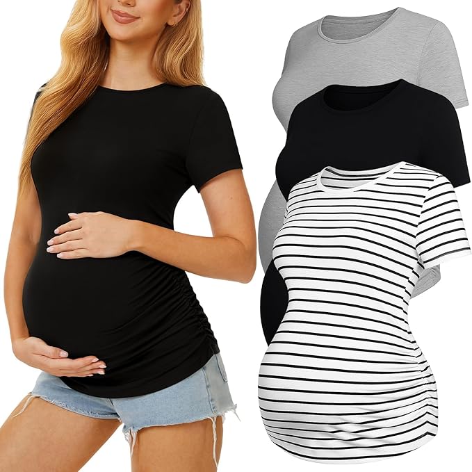 3 Pack Womens Maternity Shirts - Crew Neck Maternity Top Short Sleeve Pregnancy Tee Shirts