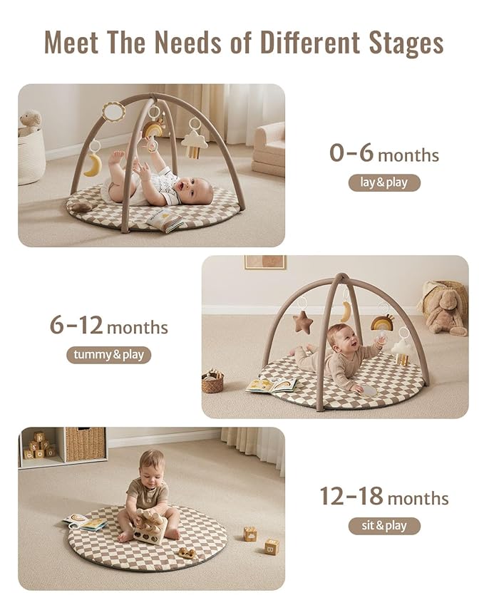 Blissful Diary Baby Play Gym Mat, Play Mat Activity Mat with 6 Detachable Toys for Stage-Based Sensory & Motor Skill Development, Easy to Install & Clean, Baby Essentials Gift, Brown Checkerboard
