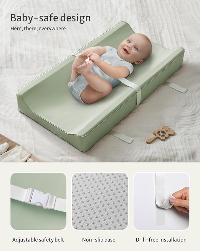 Blissful Diary Vegan Leather Baby Changing Pad with Waterproof & Wipe-Clean PU Cover, Standard Size Cozy Diaper Changing Pad for Dresser and Table, Light Green