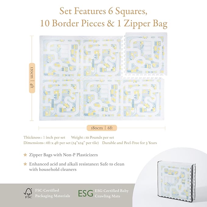 PopsyKosy Premium Baby Floor Play Mat - Extra Thick & Cushioned 1 inch Playroom Foam Mat, Non-Toxic Odorless - 6 Tiles - Spacious 6x4 ft. - Stylish & Large, Waterproof for Kids & Toddlers - Warm Beige