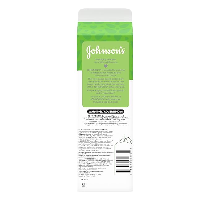 Johnson's Baby Shampoo, Hypoallergenic, No More Tears for Baby's Delicate Scalp & Skin, Gently Washes Away Dirt & Germs, Paraben-Free, Value Size Baby Shampoo Refill, 33.8 fl. oz (Pack of 2)