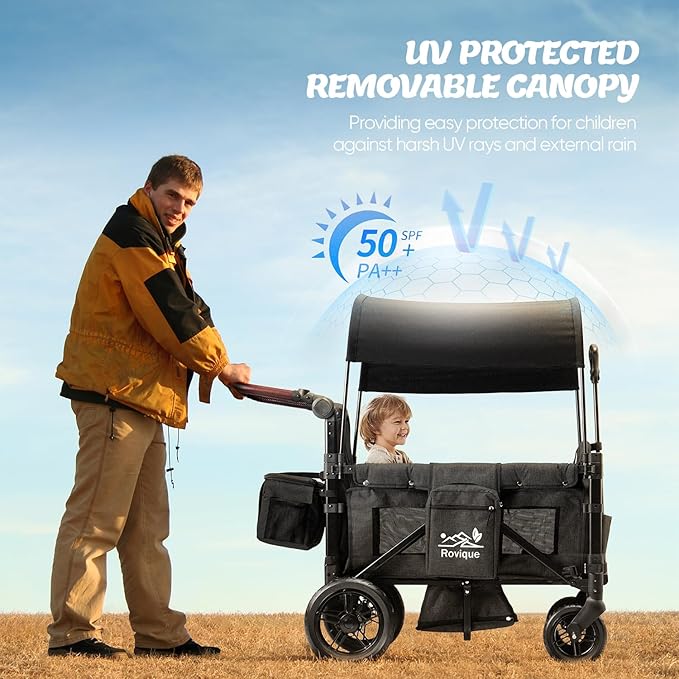 Stroller Wagon for 2 Kids,Premium Wagon for Kids with Removable Canopy,Snack Tray,All-Terrain PU Wheels & Adjustable Push/Pull Handle (Black)