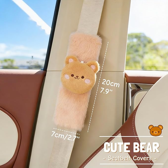 2 PCS Seat Belt Cover Pad, Cute Kawaii Animal Bear Seatbelt Covers for Kids and Adults, Winter Plush Fluffy Soft Seat Belt Cover, Cartoon Seatbelt Cushion,Car Seat Strap Pads (F-Bear)