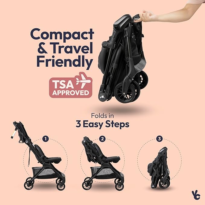 BabbleRoo Hoplite Compact Stroller – Lightweight Travel Stroller for Airplane (12.3 lbs), from Birth to 55 lbs, Easy Fold, PU Wheels, Alloy Frame, Near-Flat Recline, Cup Holder, Baby Stroller