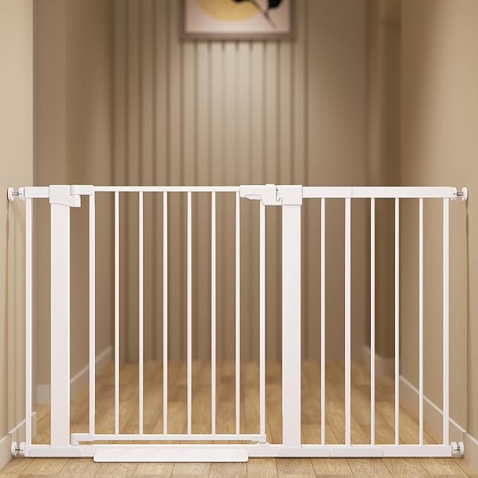 29-51 inches Extra Wide Metal Baby Gate for Stairs/Doorways, 30 inches Tall Pressure Mounted Pet Gates, Auto-Close Child Safety Gate, No Drilling Easy Walk-Through Dog Gate Indoor, White