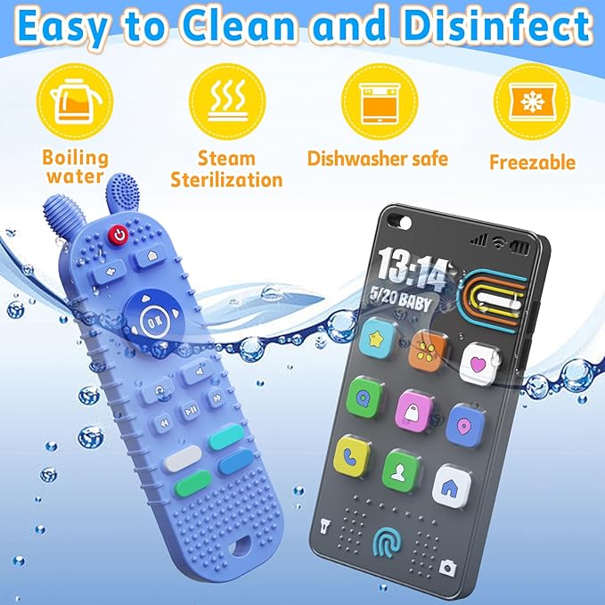 TV Remote Control Shape Baby Teething Toys and Phone Shape Teether Toys for Babies 6-12 Months, Soft Flexible Silicone Chew Toys for Baby - Black Blue