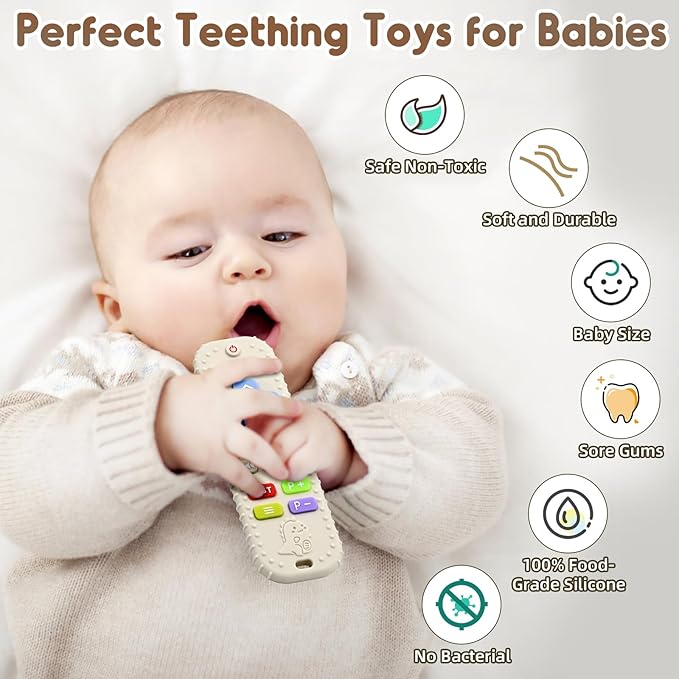 Teething Relief Teethers Toys for Babies 3-6-12 Months Gifts, Food Grade Silicone Sensory Remote Control Baby Teether Bath Toys for 9 18 Months Newborn Infant Boy Girl Autism, Beige