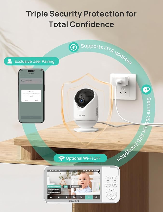 Dr.Care VistaView Smart WiFi Baby Monitor with 2 Cameras- 5” 1080P Split Screen & 2K Camera App Control, Cry & Motion Alerts, Night Vision, 2-Way Talk, Triple Security, 1279ft Range
