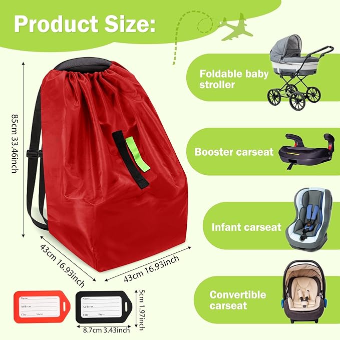Car Seat Bags For Airplane Travel, Durable Carseat Cover For Air Travel Car Seat Travel Bag with Shoulder Straps and 2pcs Luggage Tags For Airplane, Red