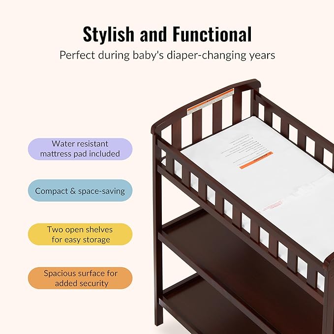 Dream On Me Emily Changing Table, Compact and Lightweight, Solid New Zealand Pinewood, Elevated Safety Rails, Two Storage Shelves, Includes Water-Resistant 1" Changing Pad — Espresso