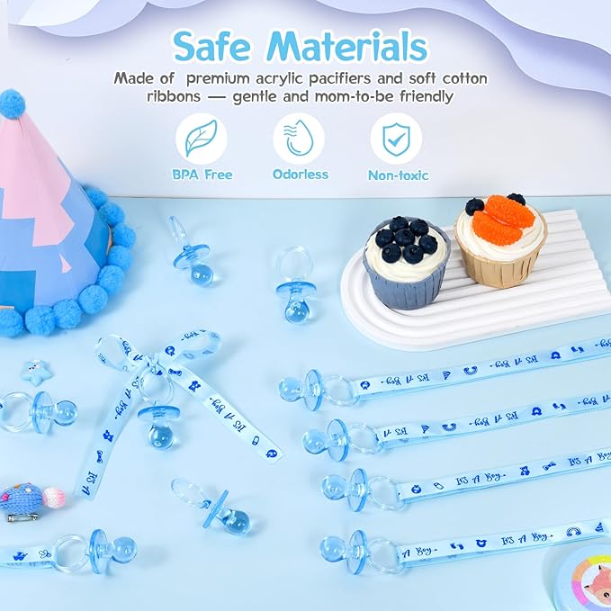 ZYFLSQ 60 Pieces Baby Shower Pacifiers Necklace, Acrylic Pacifier Necklaces for Baby Shower Games Boy Charm, Party Favors, Decorations DIY, Gender Reveal Table Scatter(Blue)