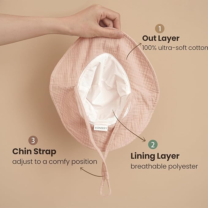 Konssy 2 Pack Muslin Baby Sun Hat UPF 50+ Sun Protection Baby Bucket Hat Summer Beach Hats with Wide Brim for Boys & Girls