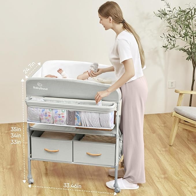 BabyBond Portable Baby Changing Table with 2 Storage Baskets, Foldable Changing Table Dresser Diaper Changing Table Height Adjustable Changing Station for Infant and Newborn(Beige)