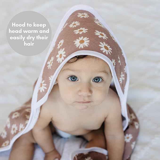 Mebie Baby Hooded Towel, Daisy Dream, 100% Muslin Cotton, Cozy and Breathable Bath Towel for Newborn, Infant & Toddler, Unisex, Floral Pattern, 33.4 x 33.4 inches, 0.79 pounds