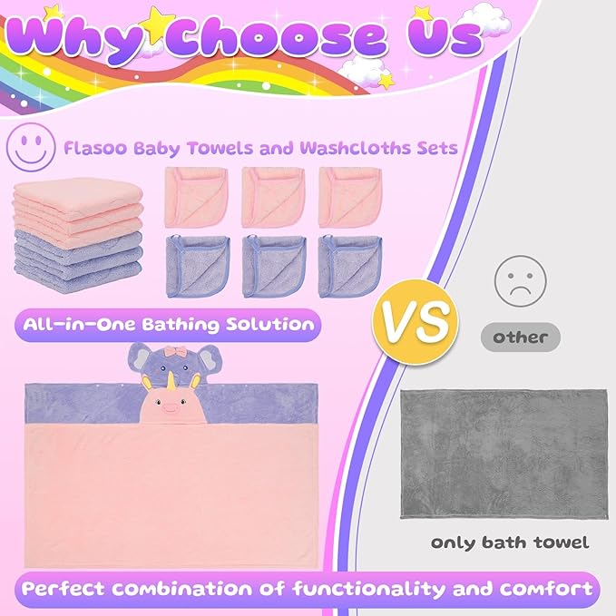 8 Pcs Toddler Bath Towel Set, 2 Pcs Toddler Towels with Hood, Large 55" x 27.5" Toddler Towels & 6 Pcs Baby Washcloths for Boy Girl, Soft Absorbent Gift for Baby, Infant, Newborn Essential