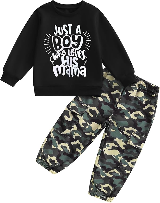wdehow Toddler Kids Baby Boy Fall Outfits 1T 2T 3T 4T 5T Letter Print Long Sleeve Tops Camouflage Pants Winter Clothes Sets