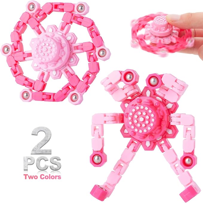 2 PCS Transformable Fidget Spinners for Kids, Valentine's Day Gifts for Classroom Exchange, Party Favors, Sensory Stress Relief Toy for Girls & Boys,Pink Deformable Mechanical Chain Robot Toy
