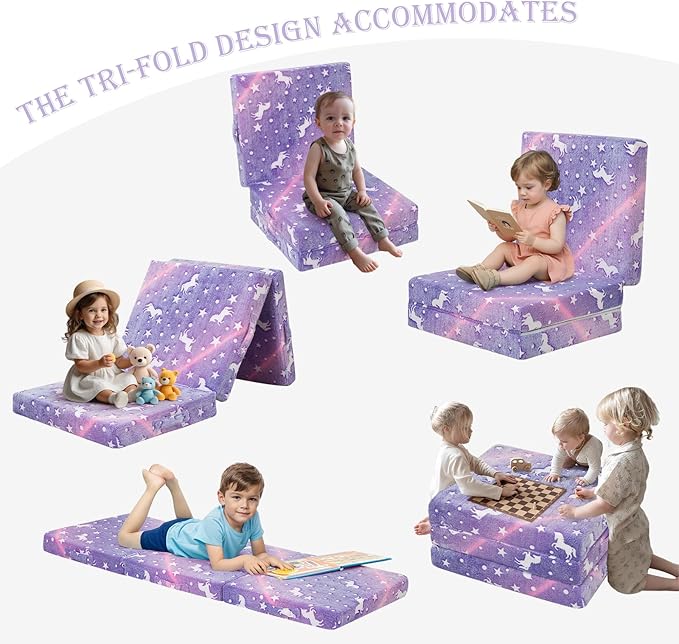 MeMoreCool Foldable Floor Mattress for Kids, Glow Unicorn Trifold Mat, Kids Folding Mattress Portable Futon, 57x22 Inch Purple