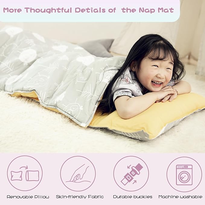 Toddlers Nap Mat with Removable Pillow and Soft Blanket, Lightweight Daycare Preschool Kindergarten Sleeping Bag, Travel Slumber for Kids Girls Boys