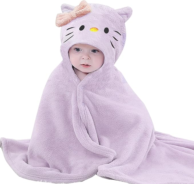 Toddler Bath Towel Baby Towels with Hood 27.5"X55" Ultra Absorbent Soft Bathrobe Blanket Kids Shower Towel for Girls and Boys(Purple-Cat)