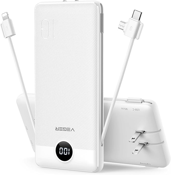 VEGER Portable Charger with Built-in AC Plug and Cables, All in One 10000mAh Ultra Slim Power Bank Travel Essentials, 15W Fast Charging Battery Pack Compatible with iPhone, Samsung, Android (White)