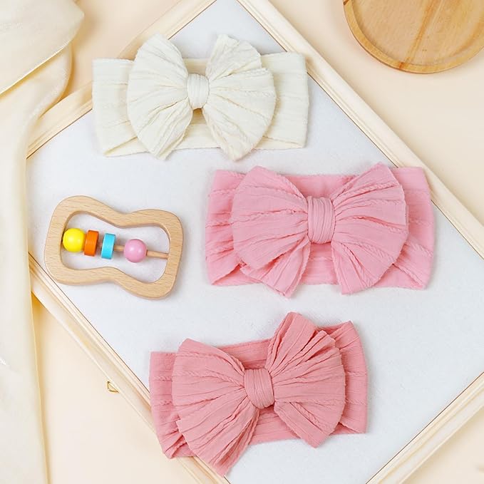 JOYOYO 3 Pcs Soft Wide Turban Baby Headbands with Double-Layer Bow for Baby Girls, Newborns, Toddlers(Beige, Pearl Pink, Pink)