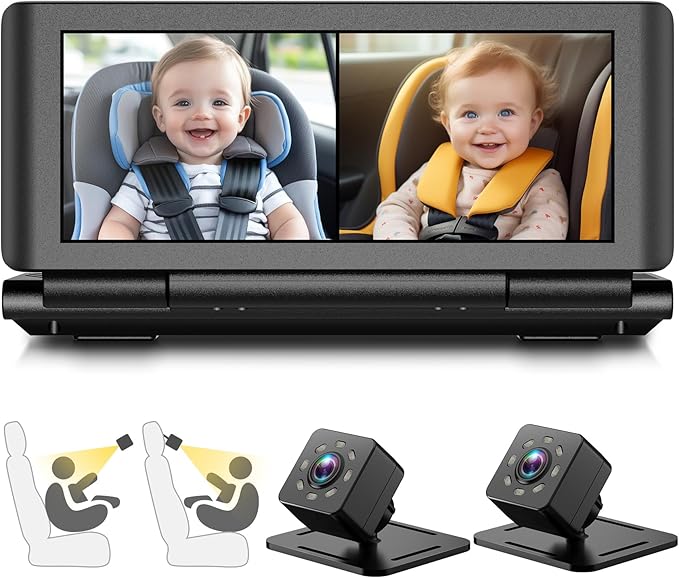 Baby Car Camera for 2 Kids, 6.86" 1080P HD Split Screen Baby Monitor with Dual Backseat Cameras and IR Night Vision, Crystal Clear Wide View Baby Car Mirror for Rear Seat Safety (Not USB)