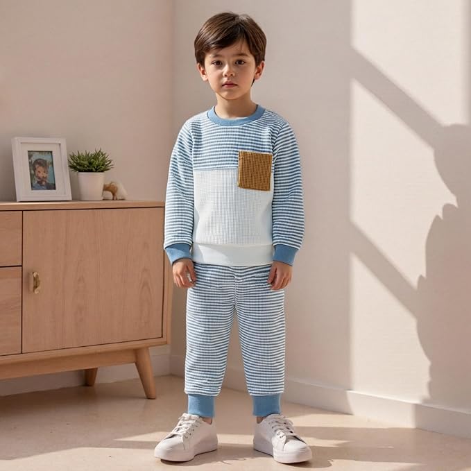 Toddler Baby Boy Fall Outfit Long Sleeve Crew Neck Contrast Color Sweatshirt Top Pant Cute Newborn Infant Waffle Clothes