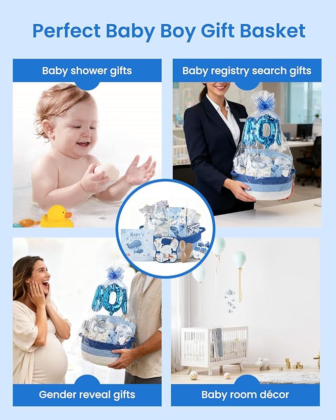 25-Pcs Luxury Baby Boy Gift Basket Set, Blue (0-12M Newborn) | Premium Baby Shower Gifts with Keepsake Memory Book. Ultimate Newborn Essentials in Woven Basket for Unforgettable Welcome Mom Gift