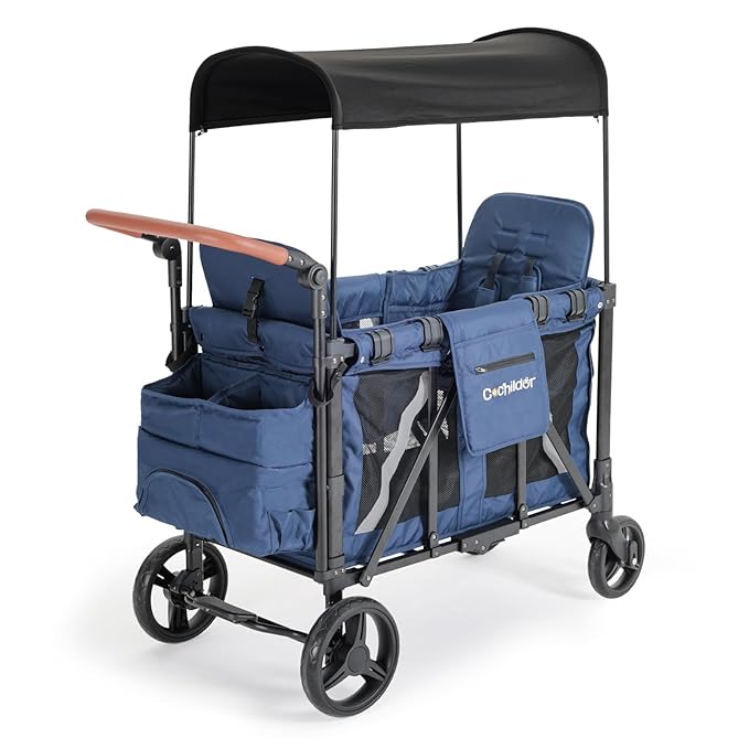 Elite 2 Seater Wagon Stroller for Kids, Foldable Stroller Wagon with Removable Seats & Canopy, 5-Point Safety Harness, Adjustable Handle, Blue