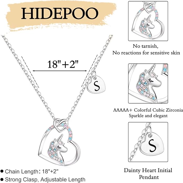 Hidepoo Valentines Gifts for Kids Girls - Unicorn Necklace Gifts for Teen Girls Kid, Colorful CZ Heart Pendant Initial Unicorn Necklaces for Girl Jewelry Birthday Gift for Girl Kid
