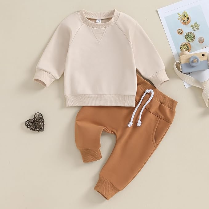 Toddler Baby Boy Clothes Solid Color Long Sleeve Crewneck Sweatshirt Top Casual Pants Set 2Pcs Fall Winter Outfits