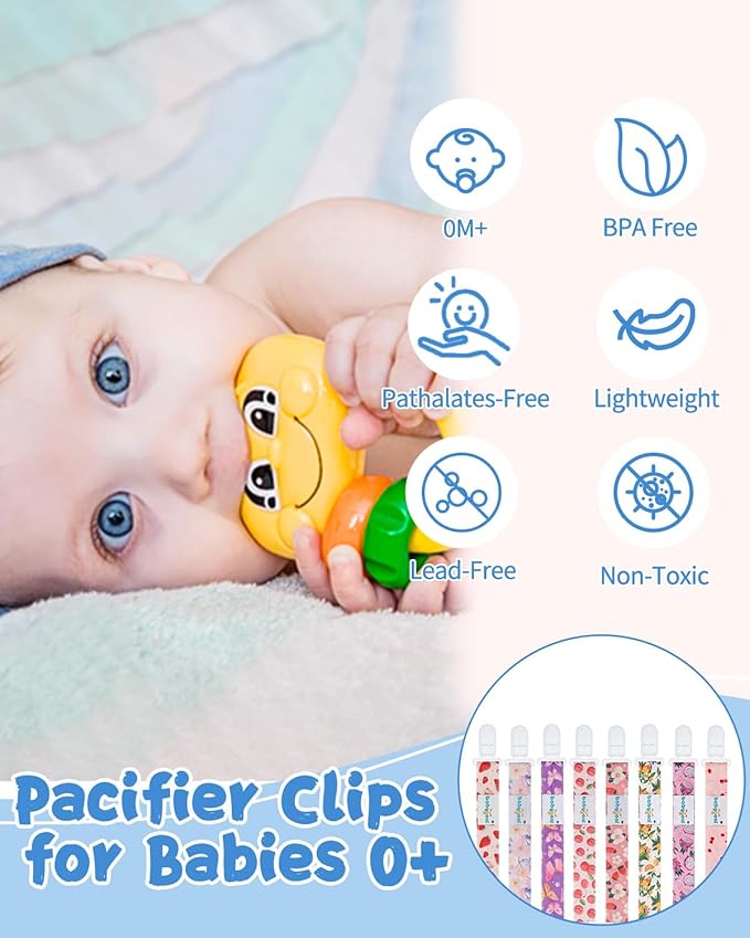 babygoal Fruit Pacifier Clips, 8 Pack Binky Paci Holder Clips Fits for Most Pacifiers and Binkies 8PS52-B