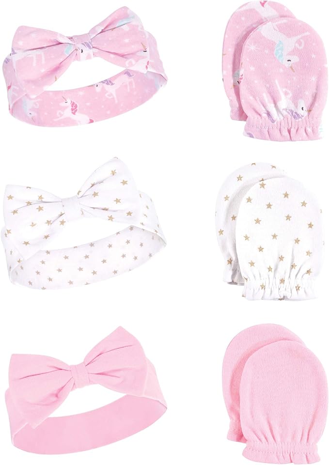 Hudson Baby baby-girls Cotton Headband and Scratch Mitten Set